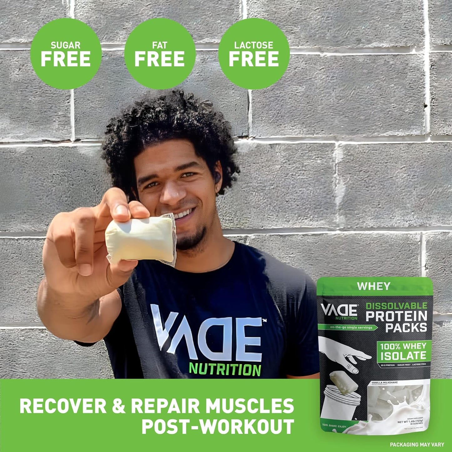 VADE Nutrition Dissolvable Protein Packs - Vanilla Milkshake Whey Isolate Powder - 30 Packets, Low Carb, Low Calorie