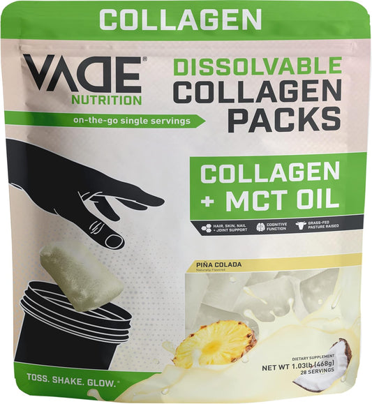 VADE Nutrition Keto Collagen Peptides Powder Packs with MCT Oil - Grass Fed Hydrolyzed Supplement for Hair Skin Nails Joints - Dairy & Gluten Free - 28 Packets (Piña Colada)