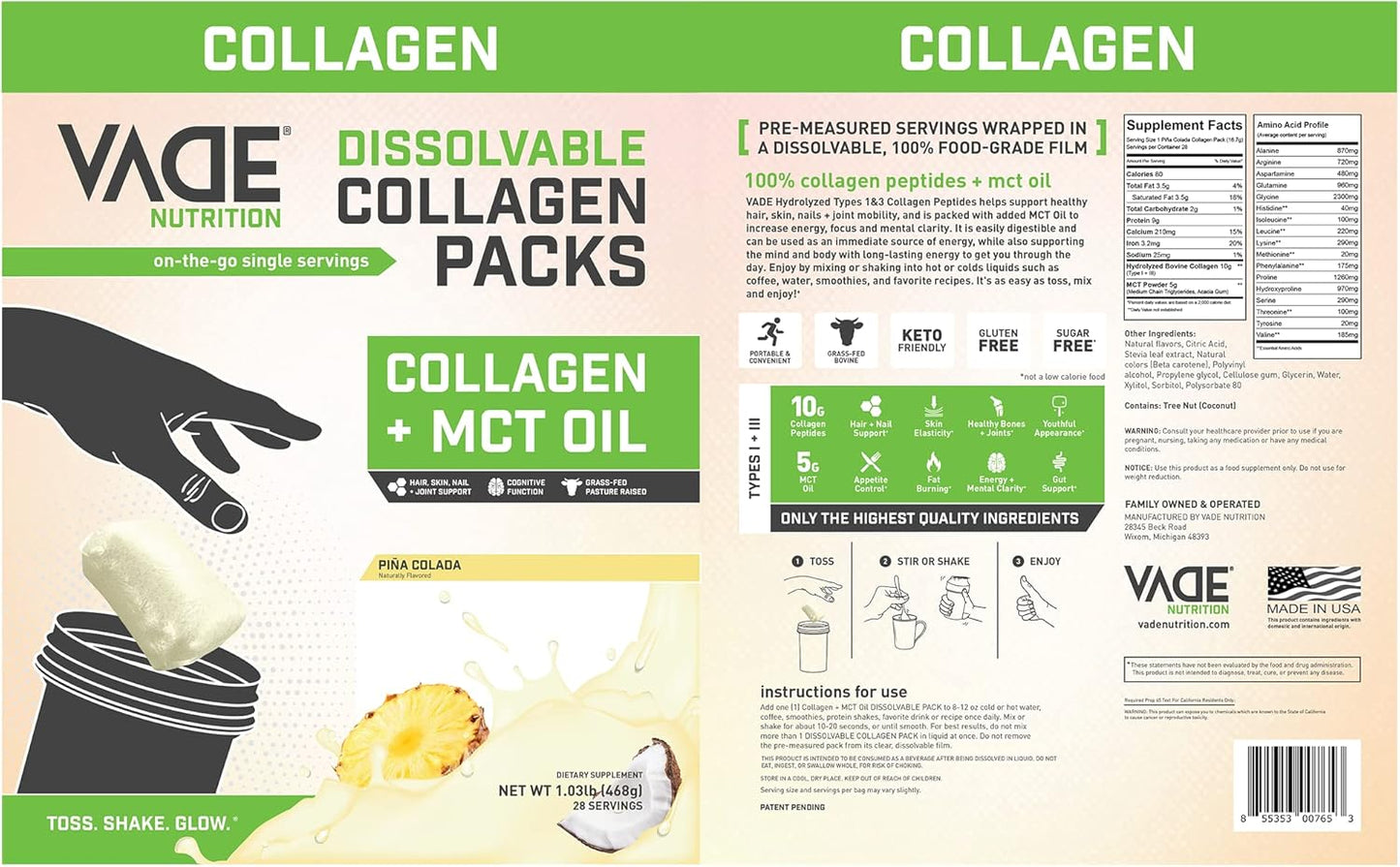 VADE Nutrition Keto Collagen Peptides Powder Packs with MCT Oil - Grass Fed Hydrolyzed Supplement for Hair Skin Nails Joints - Dairy & Gluten Free - 28 Packets (Piña Colada)