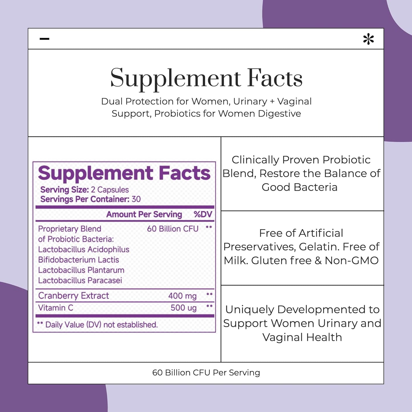 Vaginal Probiotic Capsules for Women - 60 Billion CFU Gut Health and Ph Balance Support with Prebiotics - Digestive and Urinary Tract Wellness