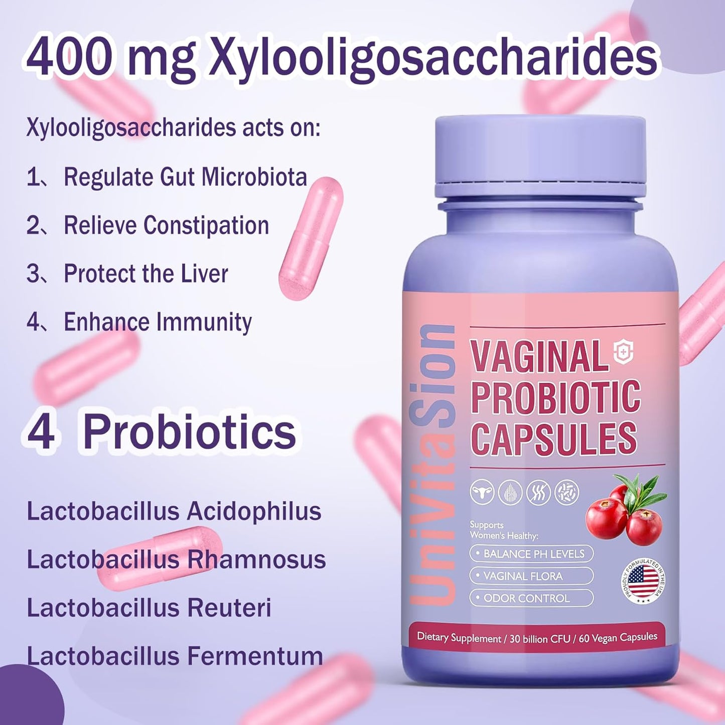 Vaginal Probiotic Capsules for Women - pH Balance, Prebiotic Complex, Cranberry Extract - 30 Billion CFU, 60 Count