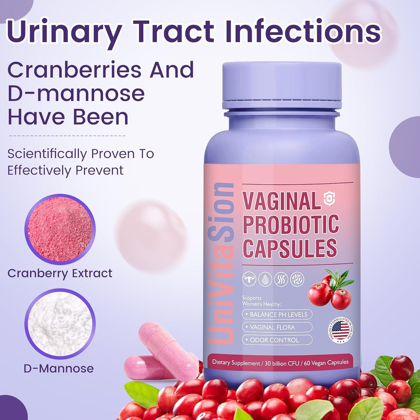 Vaginal Probiotic Capsules for Women - pH Balance, Prebiotic Complex, Cranberry Extract - 30 Billion CFU, 60 Count