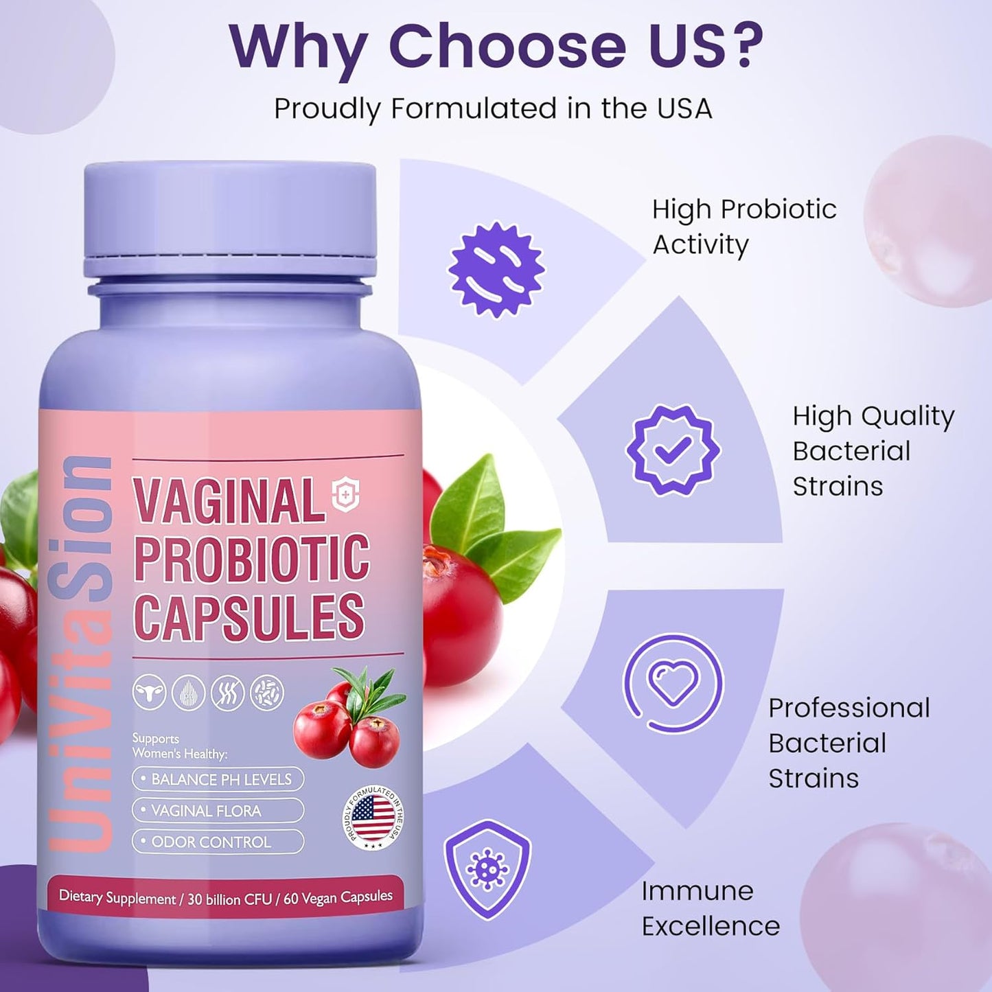 Vaginal Probiotic Capsules for Women - pH Balance, Prebiotic Complex, Cranberry Extract - 30 Billion CFU, 60 Count