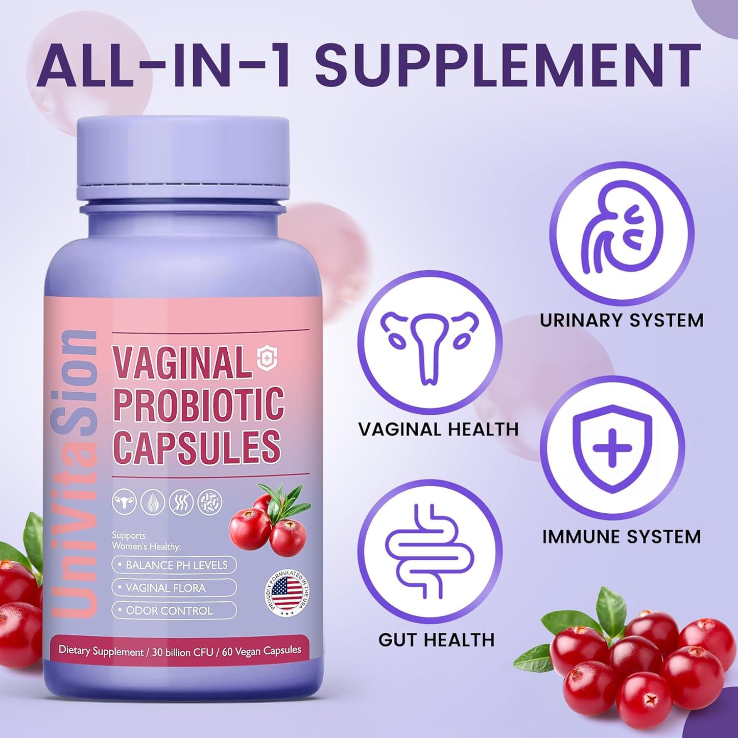 Vaginal Probiotic Capsules for Women - pH Balance, Prebiotic Complex, Cranberry Extract - 30 Billion CFU, 60 Count