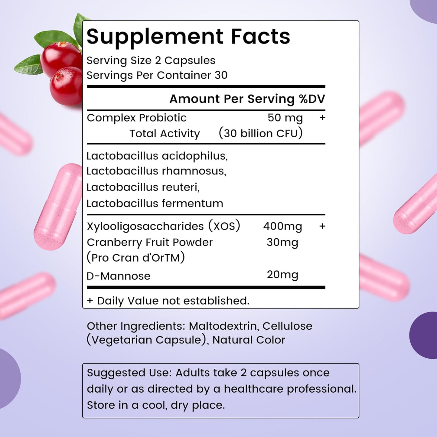 Vaginal Probiotic Capsules for Women - pH Balance, Prebiotic Complex, Cranberry Extract - 30 Billion CFU, 60 Count
