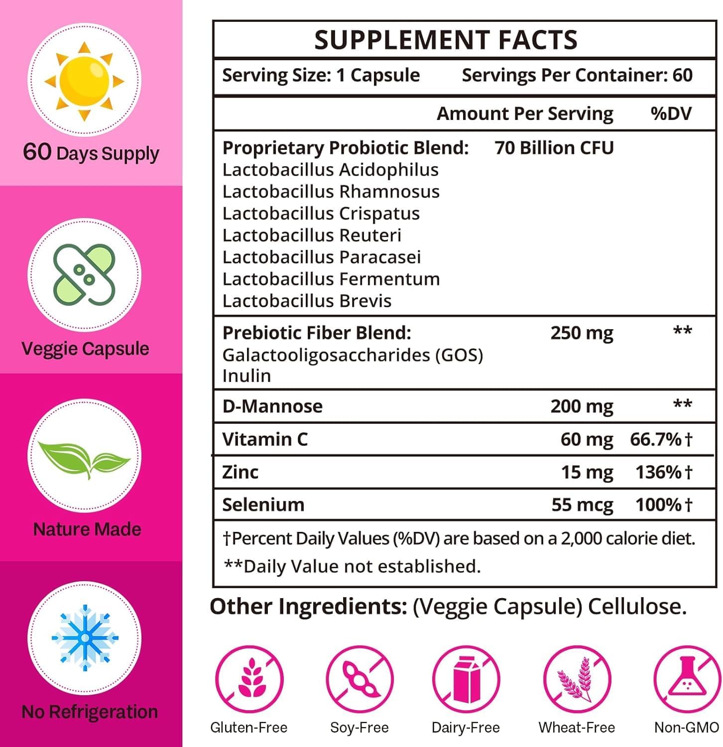Vaginal Probiotics for Women - 70 Billion CFU, 13-in-1 Formula with Organic Prebiotics - 2 Month Supply