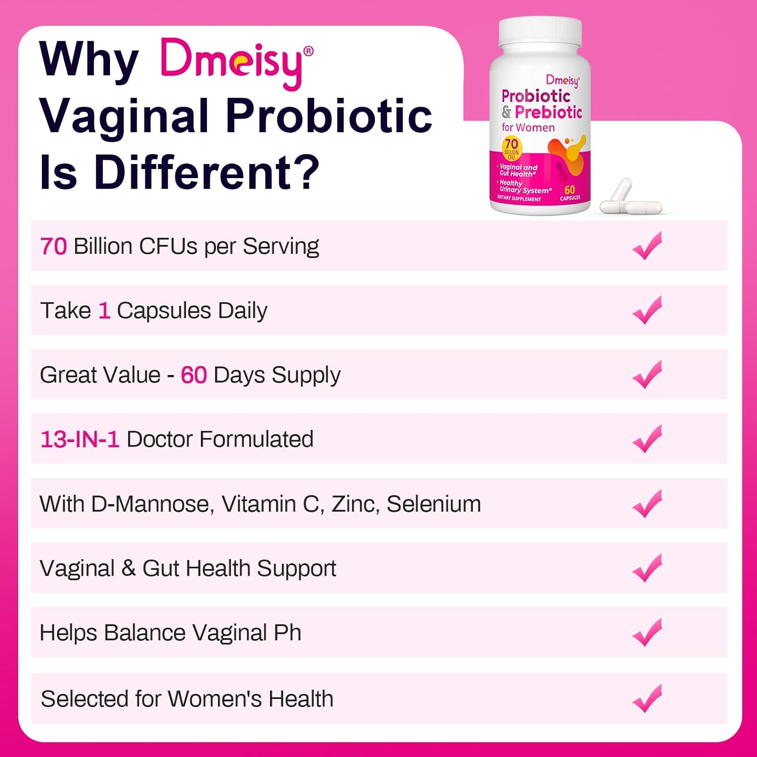 Vaginal Probiotics for Women - 70 Billion CFU, 13-in-1 Formula with Organic Prebiotics - 2 Month Supply