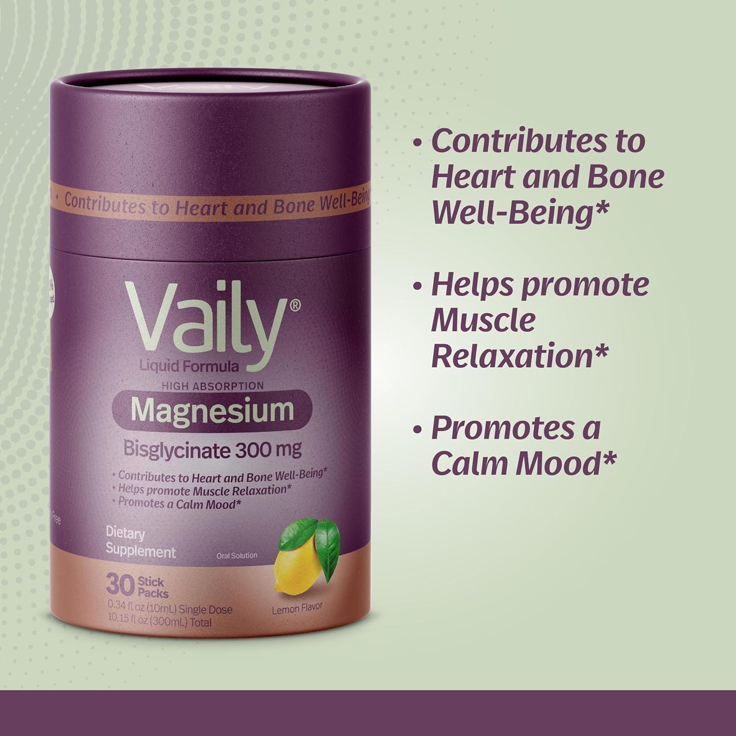 Vaily® Liquid Magnesium Bisglycinate Supplement 300mg - Lemon Flavor, 30PK - Enhanced Absorption for Heart & Bone Health, Sleep Support