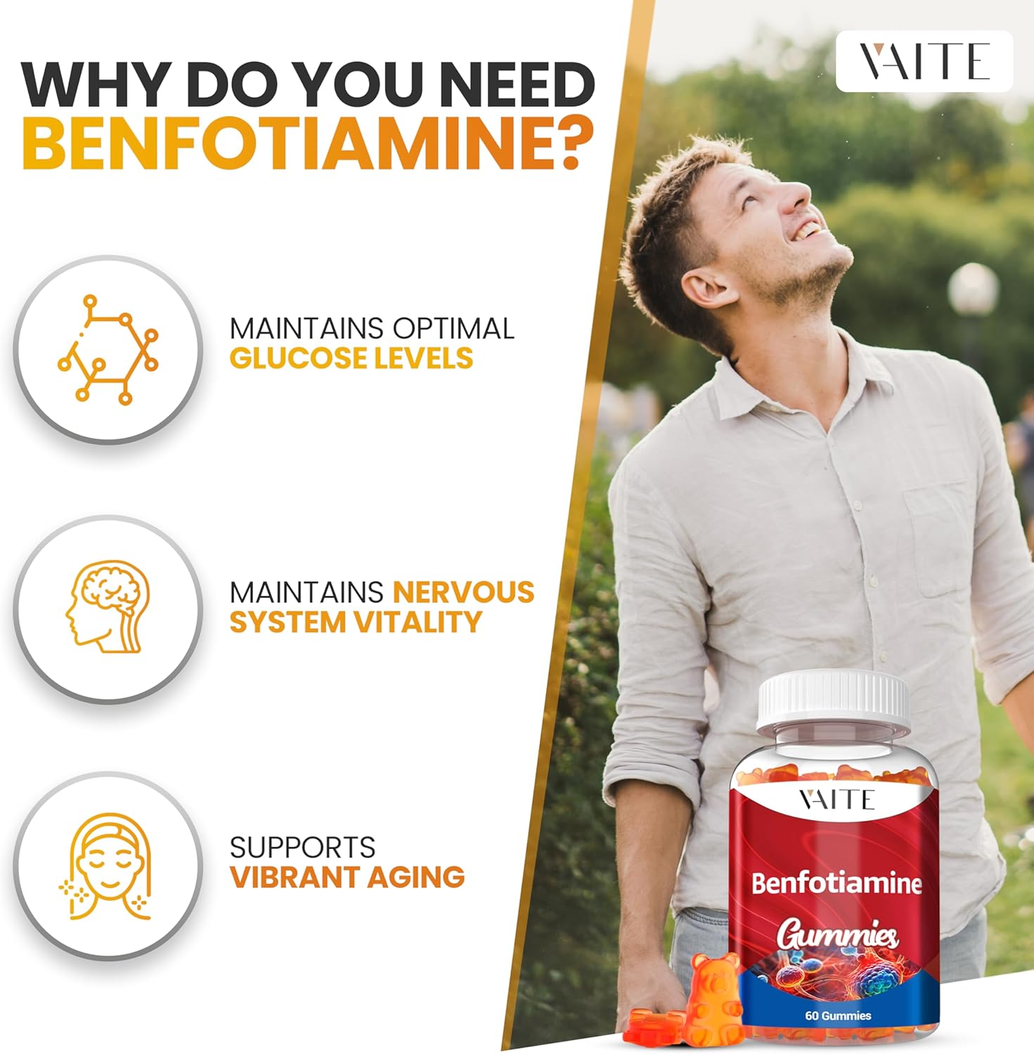 VAITE Benfotiamine 320mg Gummies with L-Leucine: Vitamin B1 Complex for Men and Women - Non-GMO, Vegan & Gluten-Free - Supports Metabolism, Energy & Nervous System Health