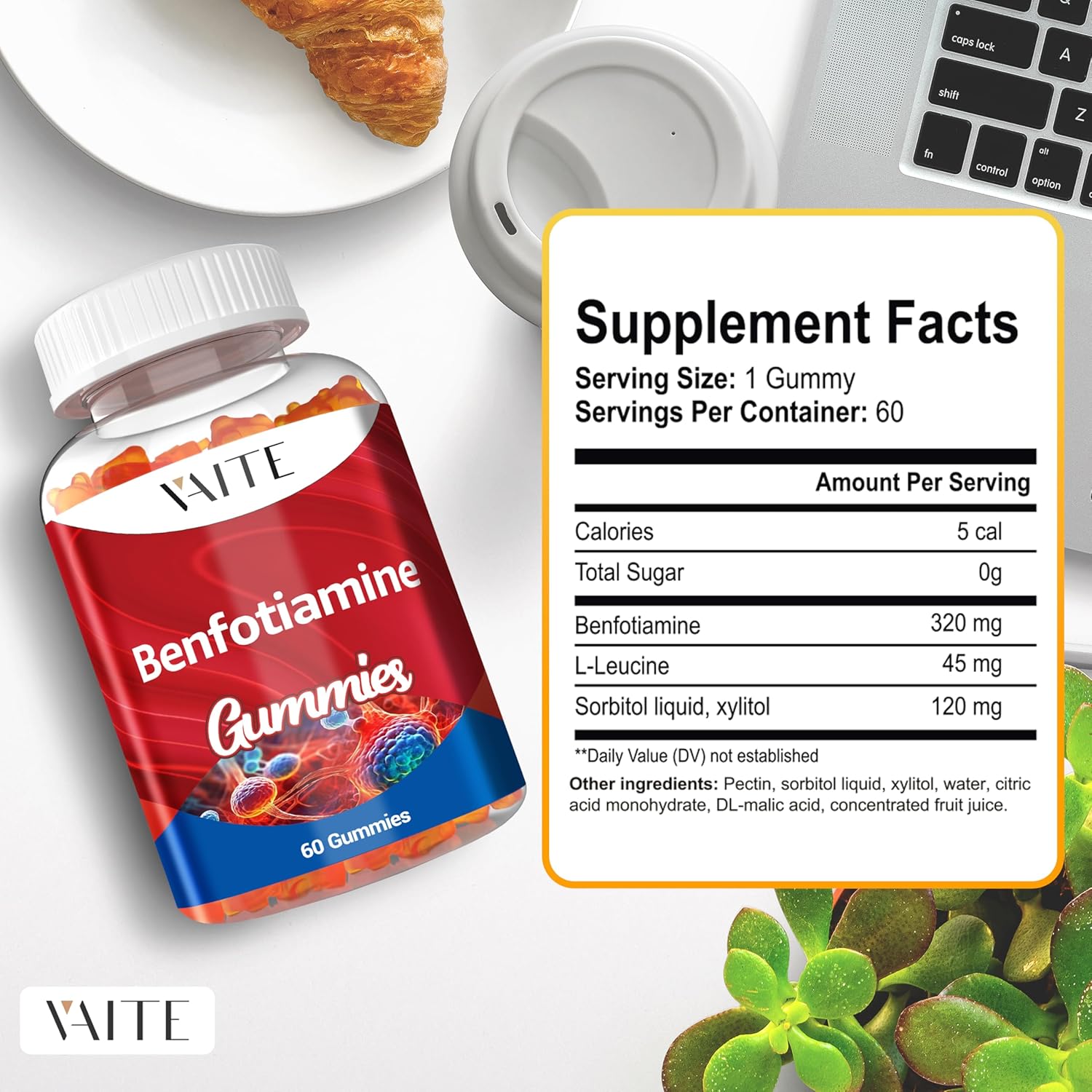 VAITE Benfotiamine 320mg Gummies with L-Leucine: Vitamin B1 Complex for Men and Women - Non-GMO, Vegan & Gluten-Free - Supports Metabolism, Energy & Nervous System Health