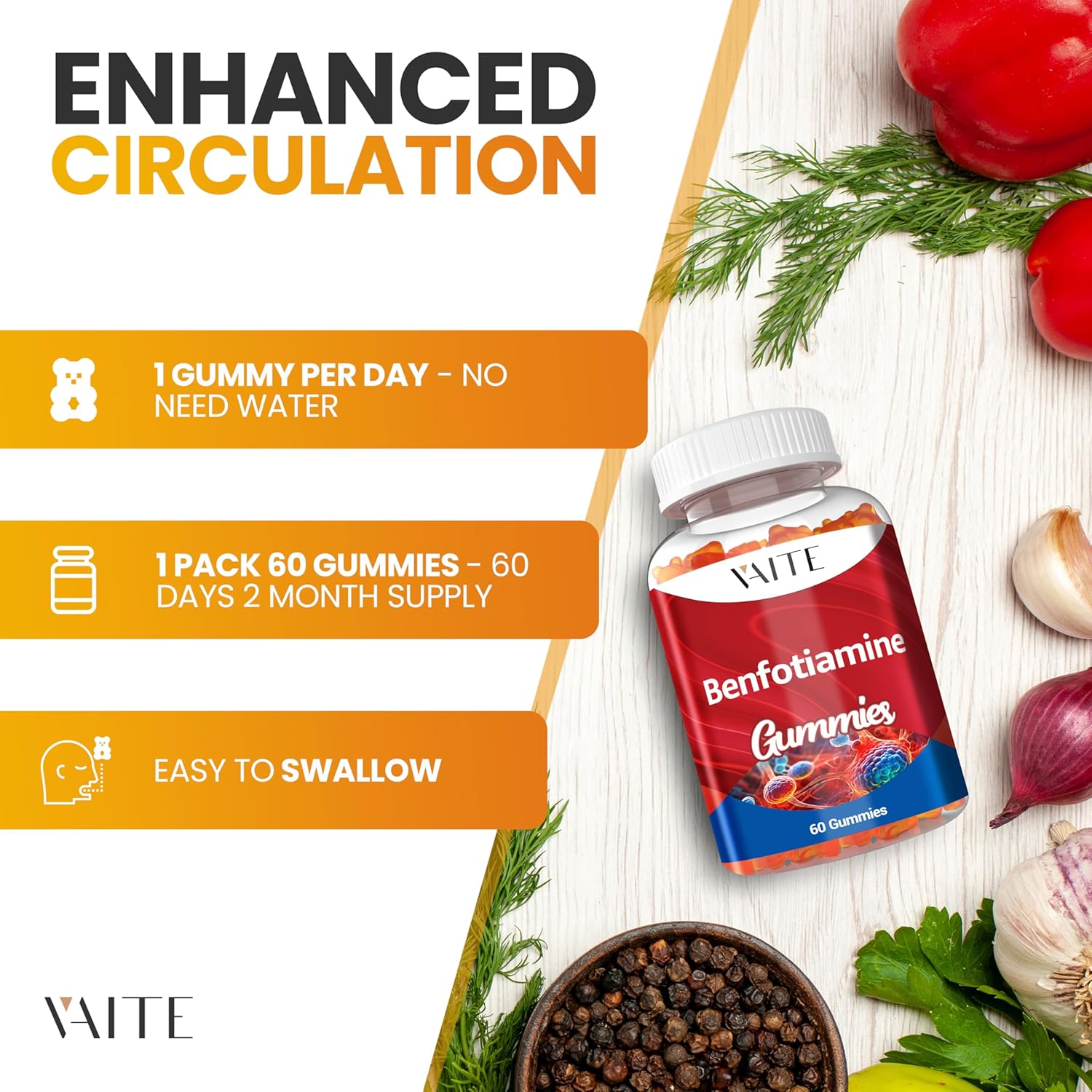 VAITE Benfotiamine 320mg Gummies with L-Leucine: Vitamin B1 Complex for Men and Women - Non-GMO, Vegan & Gluten-Free - Supports Metabolism, Energy & Nervous System Health