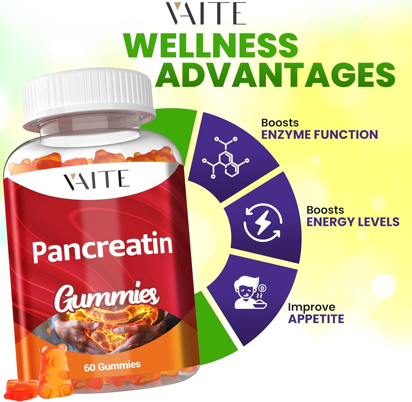 VAITE Pancreatic Digestive Enzymes Gummy 1000mg - Supports Digestion with Protease, Amylase, Lipase - Breaks Down Protein & Carbs - Vegan, Gluten-Free - 60 Gummies