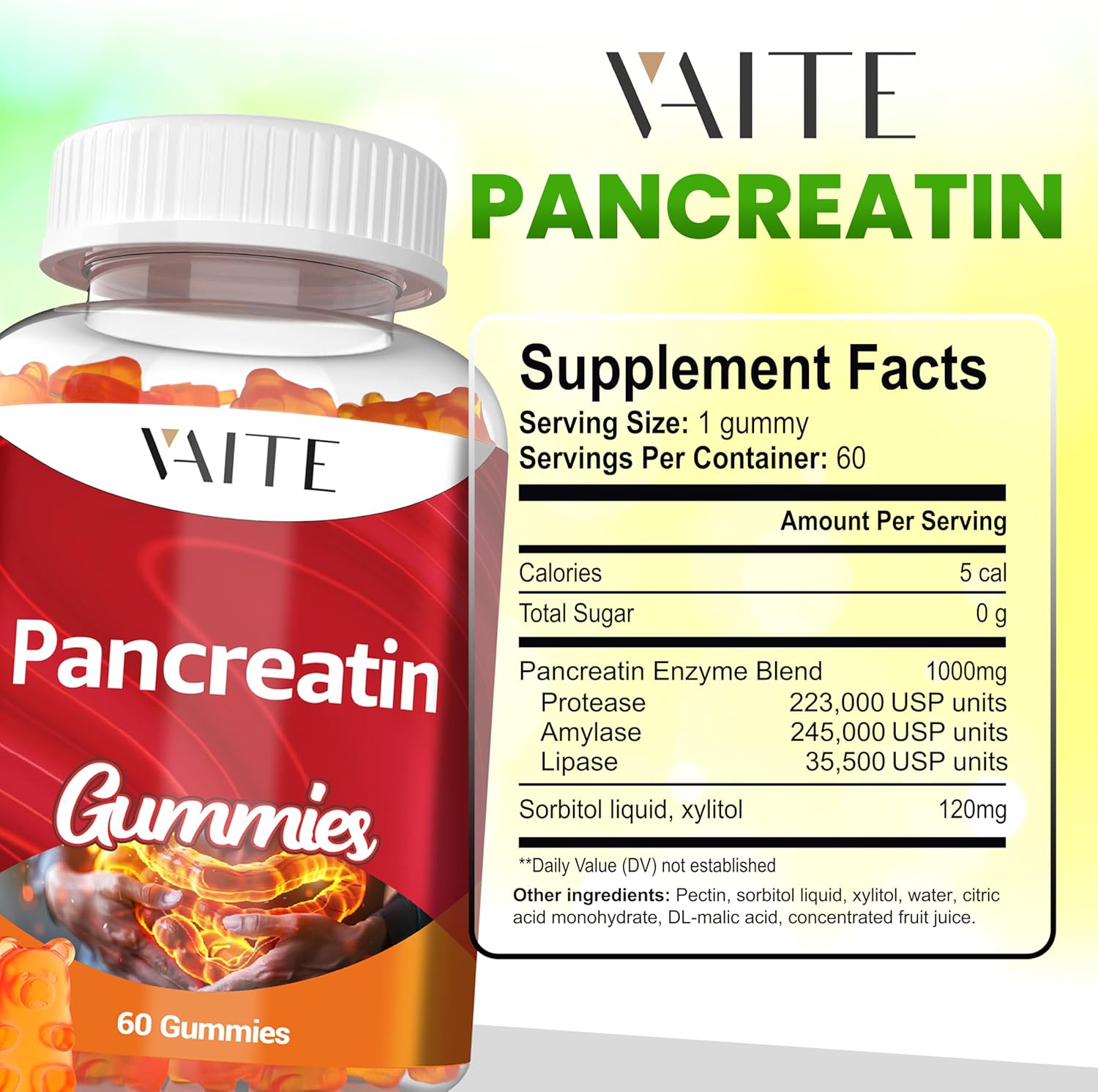 VAITE Pancreatic Digestive Enzymes Gummy 1000mg - Supports Digestion with Protease, Amylase, Lipase - Breaks Down Protein & Carbs - Vegan, Gluten-Free - 60 Gummies