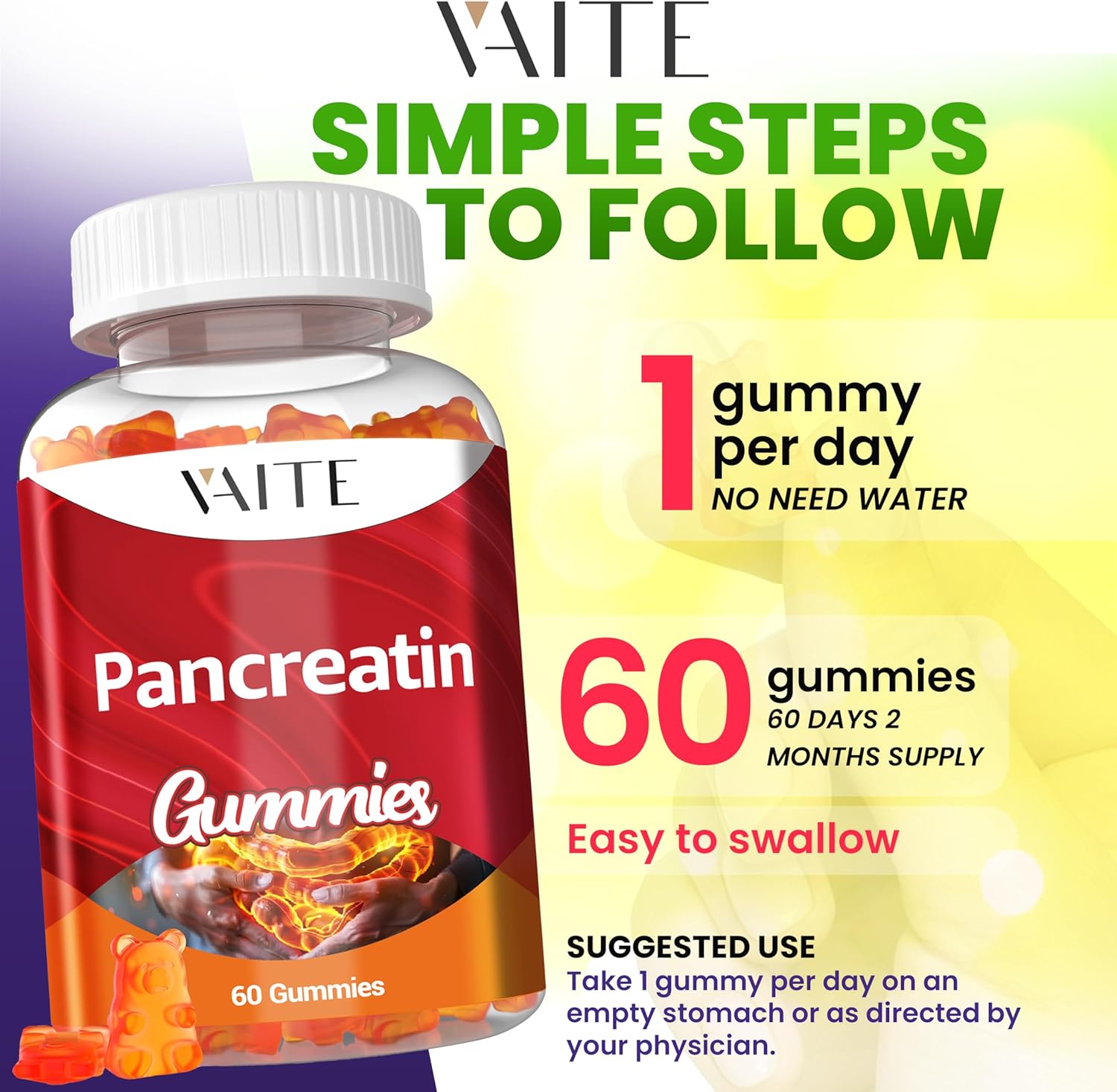 VAITE Pancreatic Digestive Enzymes Gummy 1000mg - Supports Digestion with Protease, Amylase, Lipase - Breaks Down Protein & Carbs - Vegan, Gluten-Free - 60 Gummies