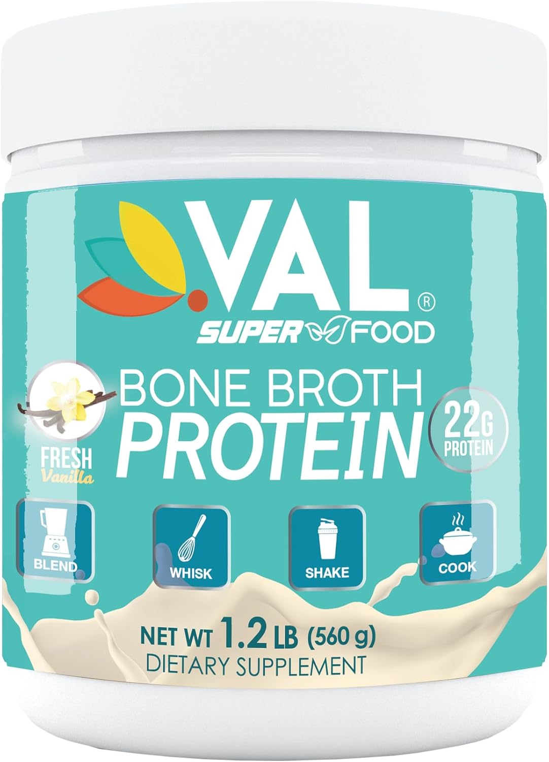 VAL Chicken Bone Broth Protein Powder with 22g Protein, 12g Collagen, 8g Inulin, Pea Protein & MCT Oil - Supports Healthy Skin, Gut Health, Joint Supplement - Gluten Free, 16 Servings