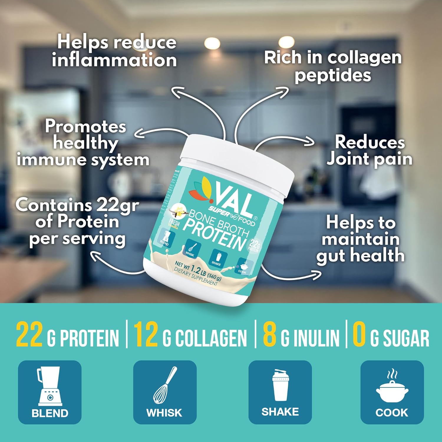 VAL Chicken Bone Broth Protein Powder with 22g Protein, 12g Collagen, 8g Inulin, Pea Protein & MCT Oil - Supports Healthy Skin, Gut Health, Joint Supplement - Gluten Free, 16 Servings