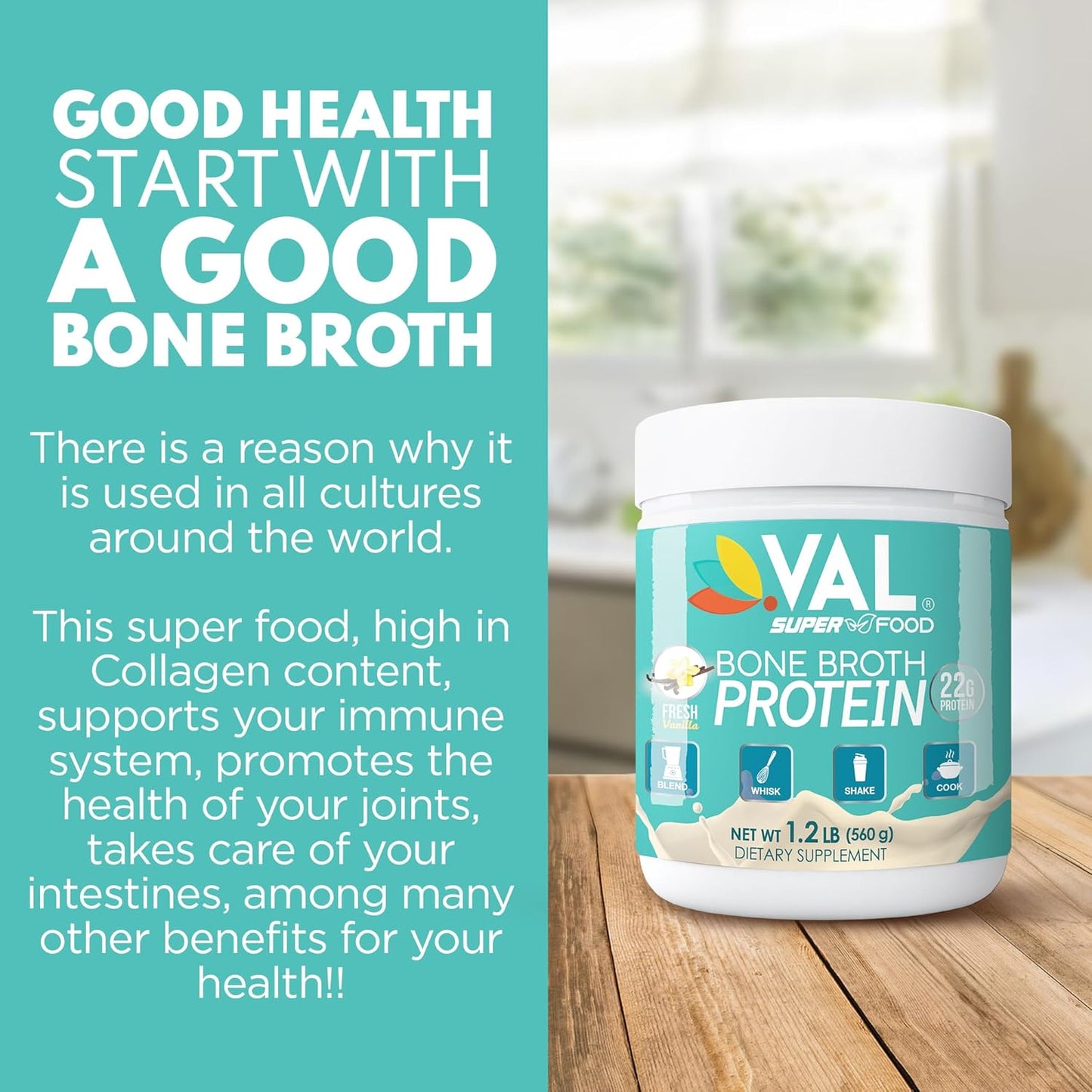VAL Chicken Bone Broth Protein Powder with 22g Protein, 12g Collagen, 8g Inulin, Pea Protein & MCT Oil - Supports Healthy Skin, Gut Health, Joint Supplement - Gluten Free, 16 Servings