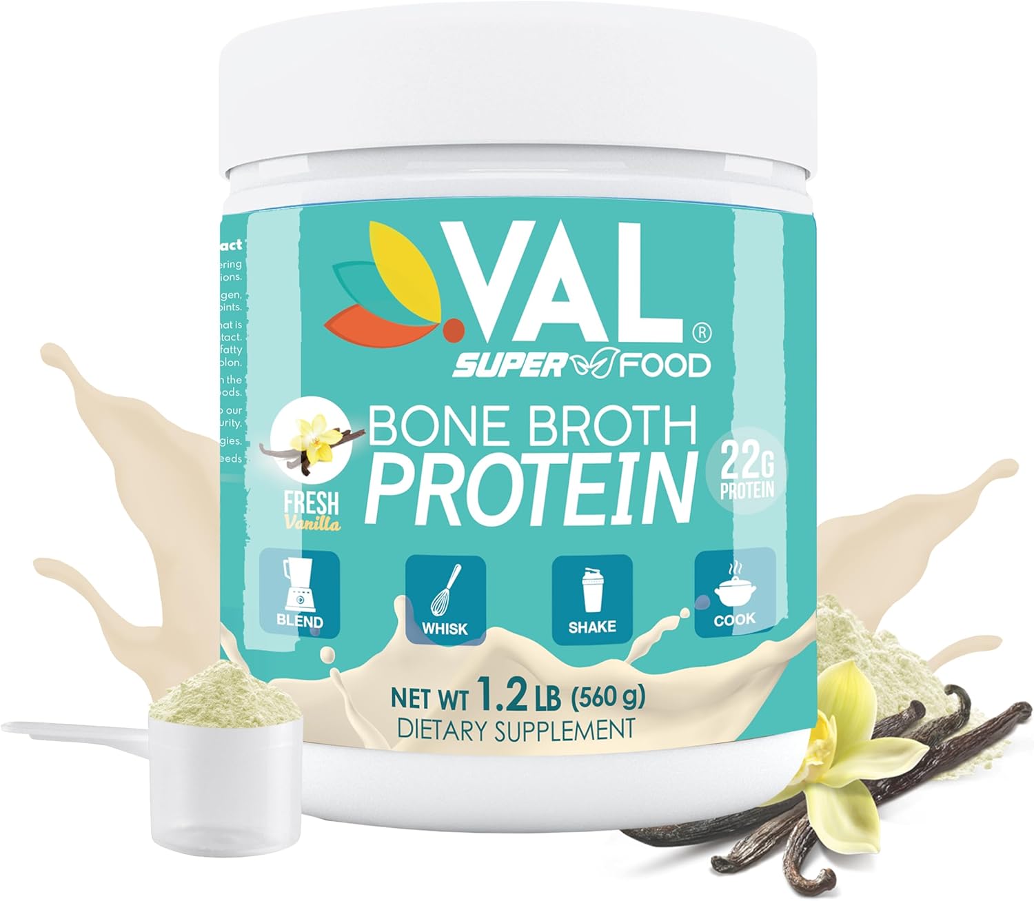 VAL Chicken Bone Broth Protein Powder with 22g Protein, 12g Collagen, 8g Inulin, Pea Protein & MCT Oil - Supports Healthy Skin, Gut Health, Joint Supplement - Gluten Free, 16 Servings