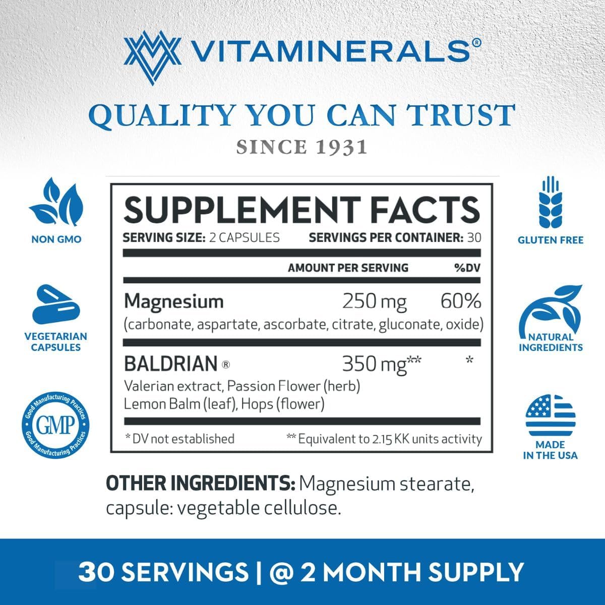 Valerian Root Extract Supplement for Natural Relaxation Support - 60 Capsules