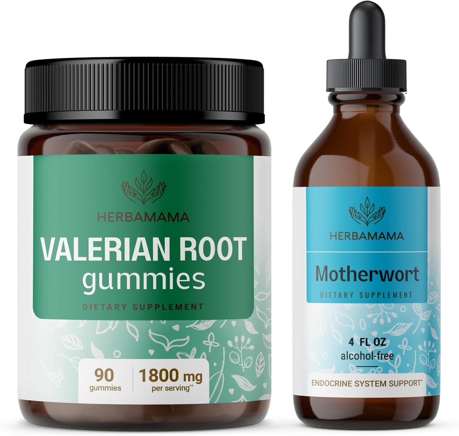 Valerian Root Gummies and Motherwort Liquid Drops Bundle - HERBAMAMA - 1800mg - Vegan, Non-GMO, Gelatin & Alcohol-Free - 2 Pack