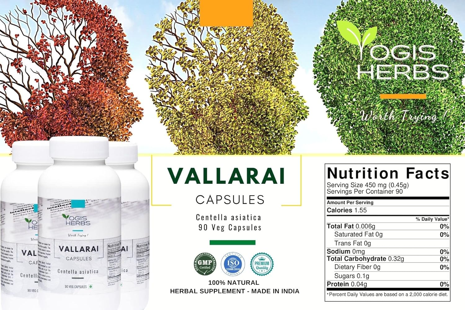 Vallarai Capsules (Centella Asiatica/Gotu Kola) for Cognitive Support - 90 Herbal Veg Capsules by YOGIS HERBS