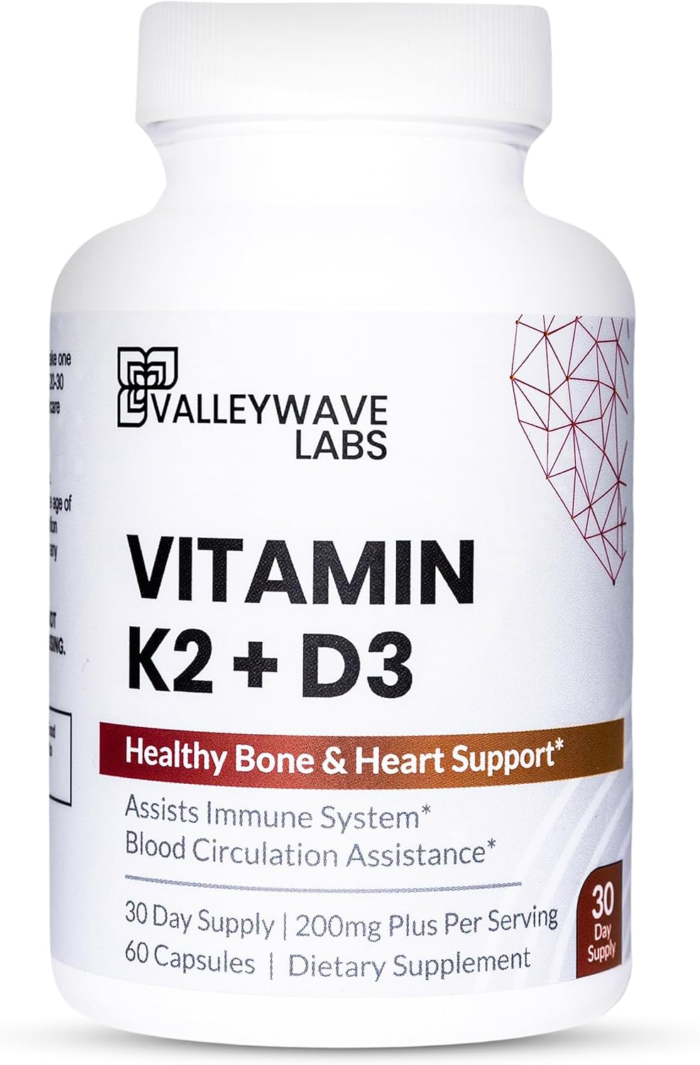Valleywave Labs Vitamin D3 K2 Capsules - Bone, Teeth, Muscle, and Immune Health Support - 60 Count