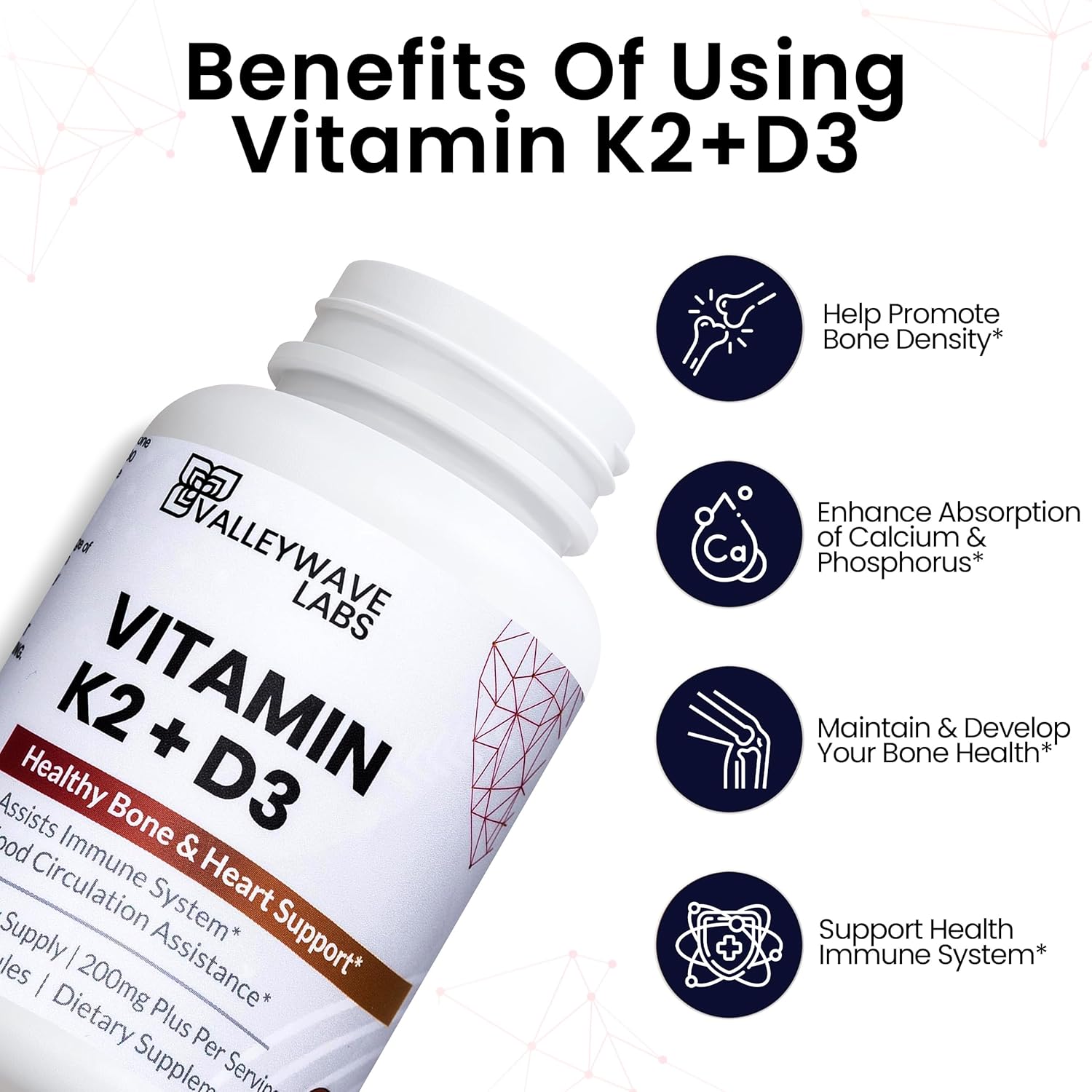 Valleywave Labs Vitamin D3 K2 Capsules - Bone, Teeth, Muscle, and Immune Health Support - 60 Count