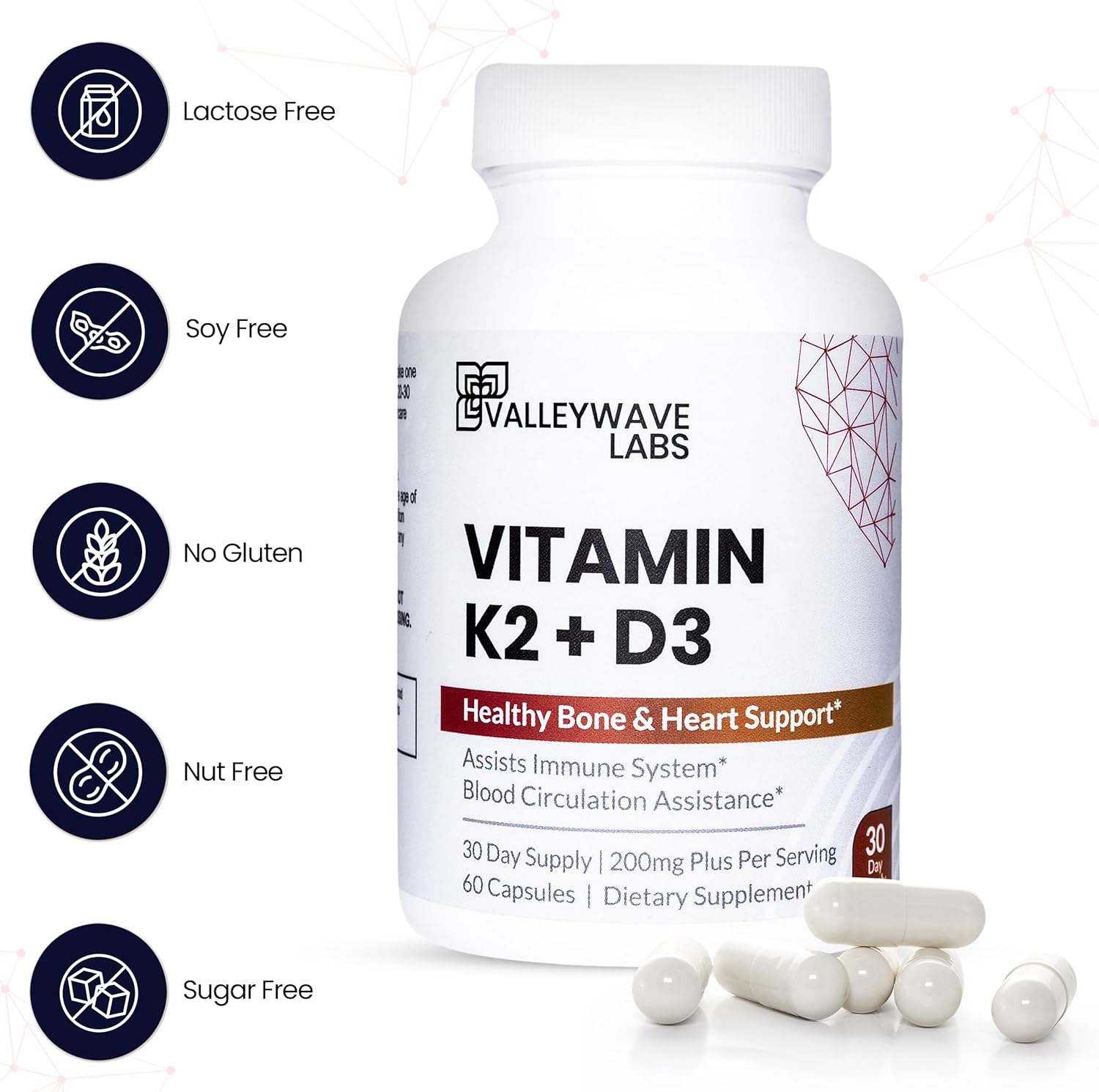 Valleywave Labs Vitamin D3 K2 Capsules - Bone, Teeth, Muscle, and Immune Health Support - 60 Count