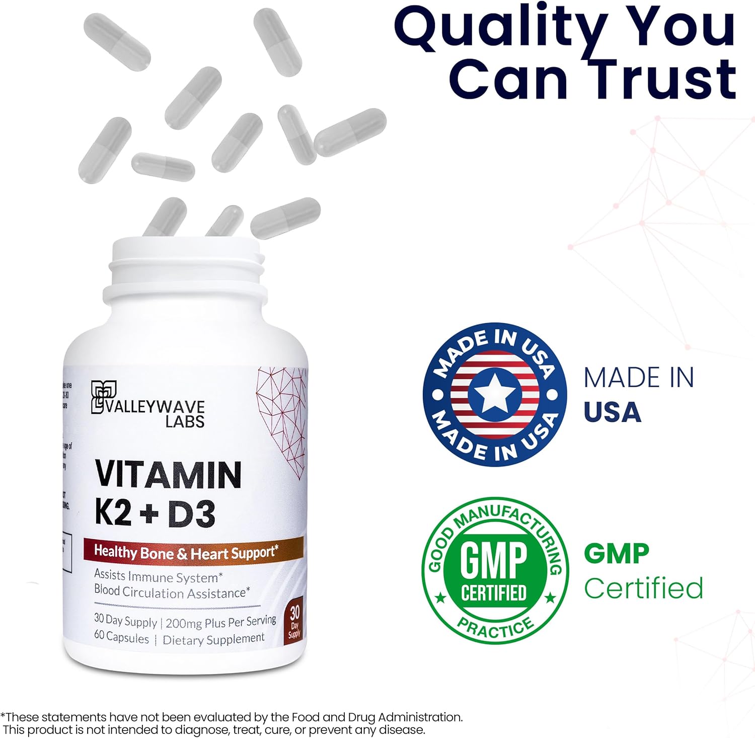 Valleywave Labs Vitamin D3 K2 Capsules - Bone, Teeth, Muscle, and Immune Health Support - 60 Count