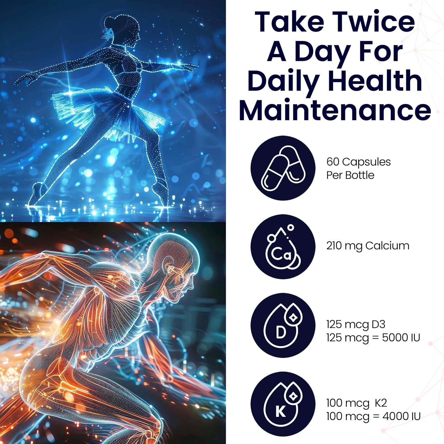 Valleywave Labs Vitamin D3 K2 Capsules - Bone, Teeth, Muscle, and Immune Health Support - 60 Count