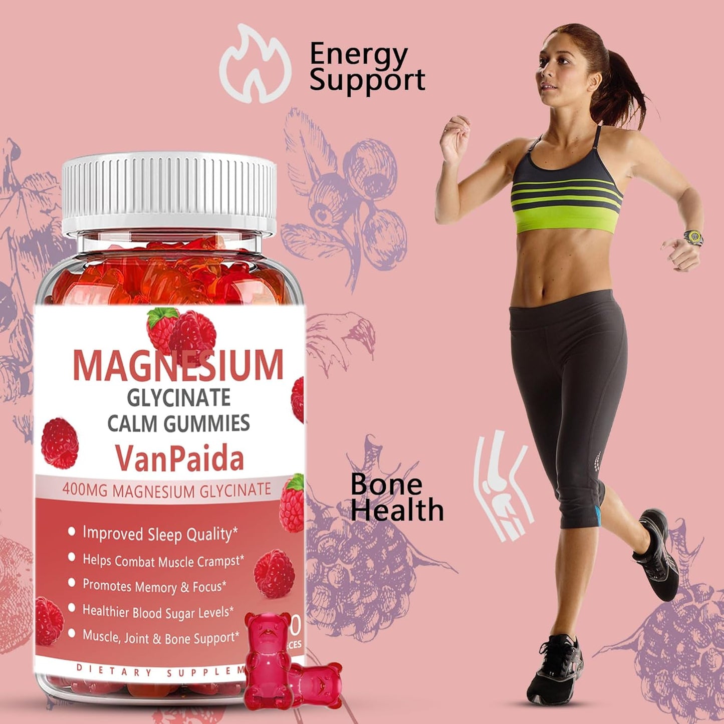 Van Paida Magnesium Glycinate Gummies - Muscle Relaxation, Pain & Cramps Relief, Bone & Energy Support, Mood Calming - High Absorption Vitamin B6, Magnesium & Potassium Supplement