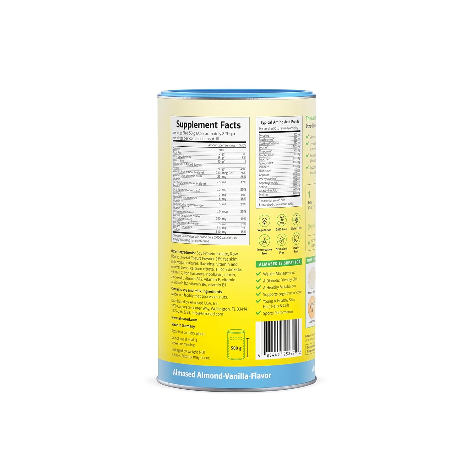 Vanilla Almased Meal Replacement Shake - High Protein Low-Glycemic Powder for Weight Management - 17.6 oz - 1 Pack