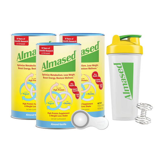 Vanilla Almased Protein Powder Shake for Weight Loss, Complete Nutrition Supplement with High Protein - 3 Cans (17.6 oz each) + Scoop + Shaker Bottle