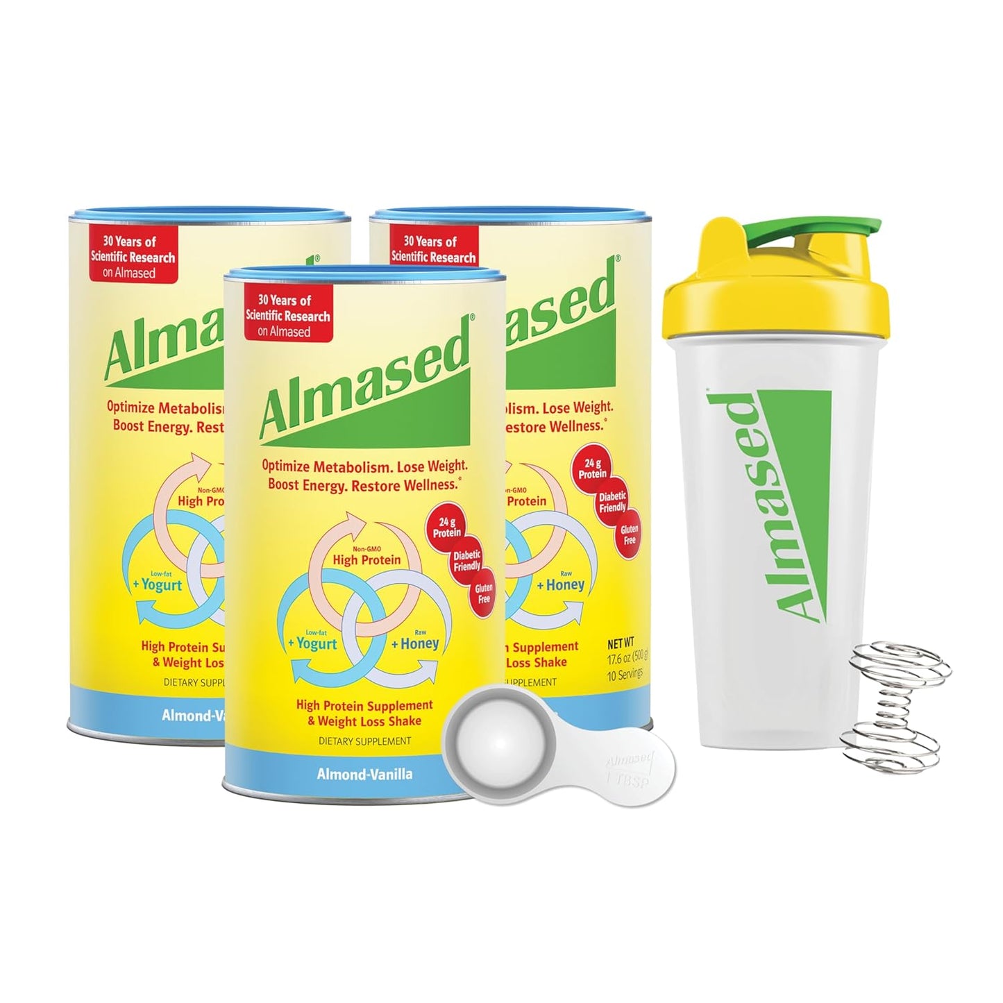 Vanilla Almased Protein Powder Shake for Weight Loss, Complete Nutrition Supplement with High Protein - 3 Cans (17.6 oz each) + Scoop + Shaker Bottle