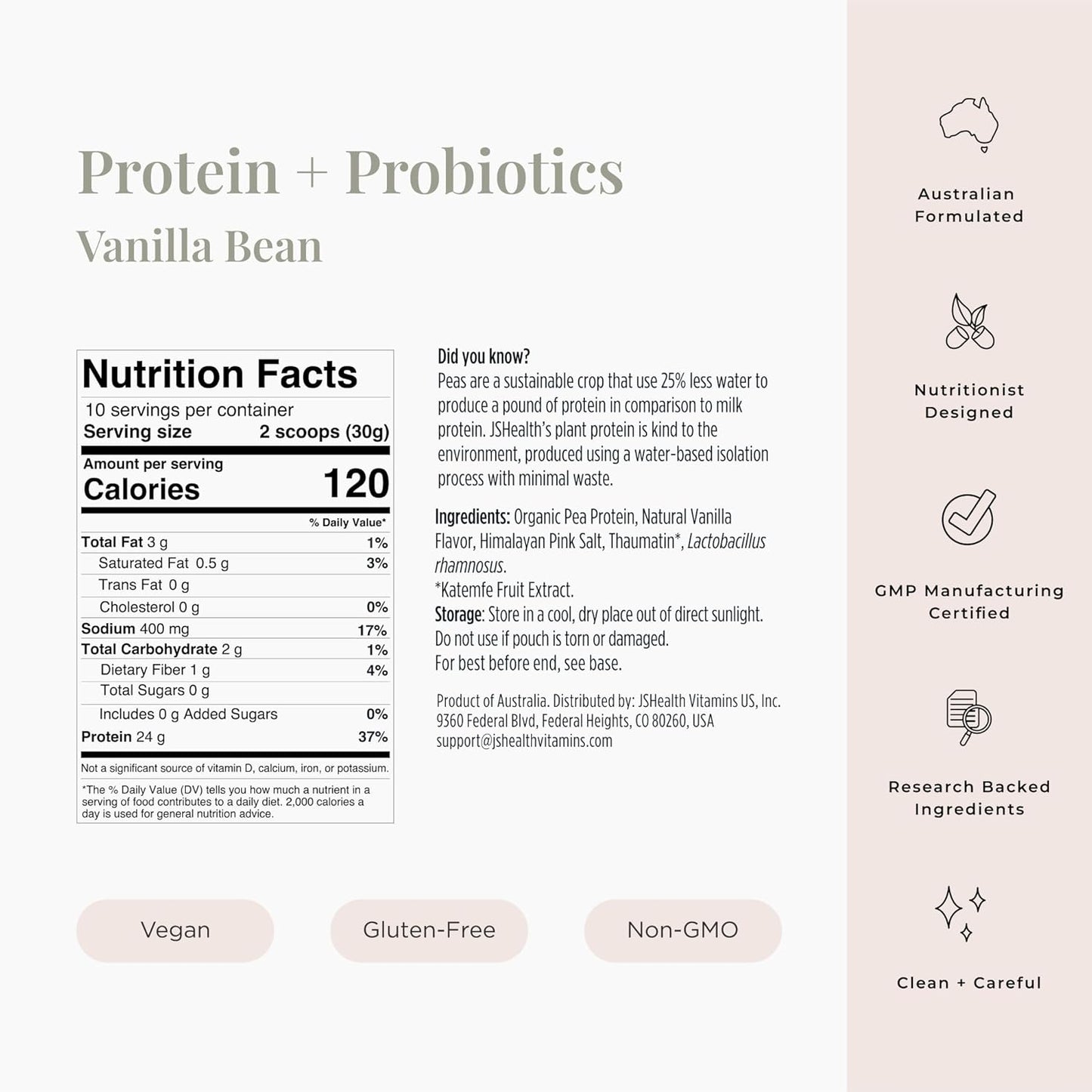 Vanilla Bean Flavored Vegan Pea Protein Powder with Probiotics - 300g, Gluten Free, Non GMO - Plant Based Protein Drink Mix