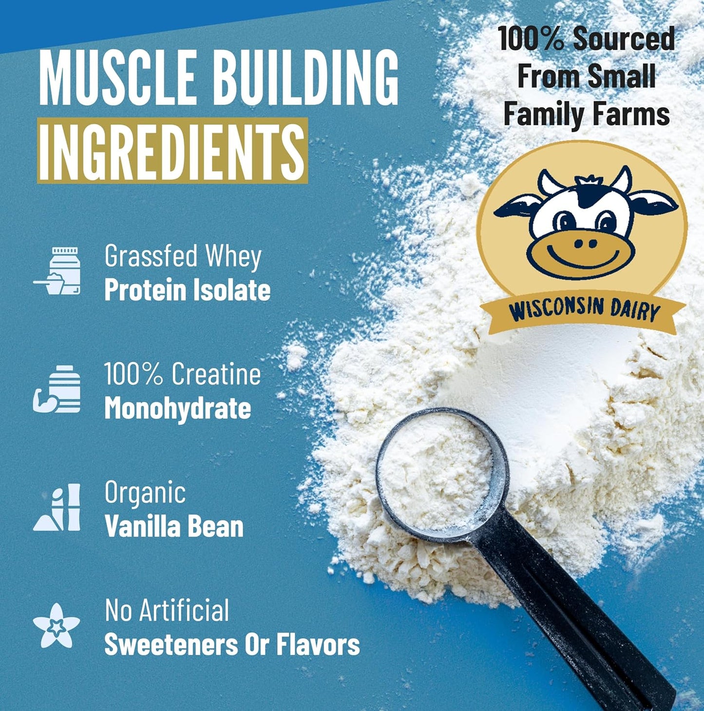 Vanilla Bean Grass-Fed Whey Protein Isolate Powder with Creatine | All-Natural Superfuel | 100% USA-Sourced | 2 Pounds