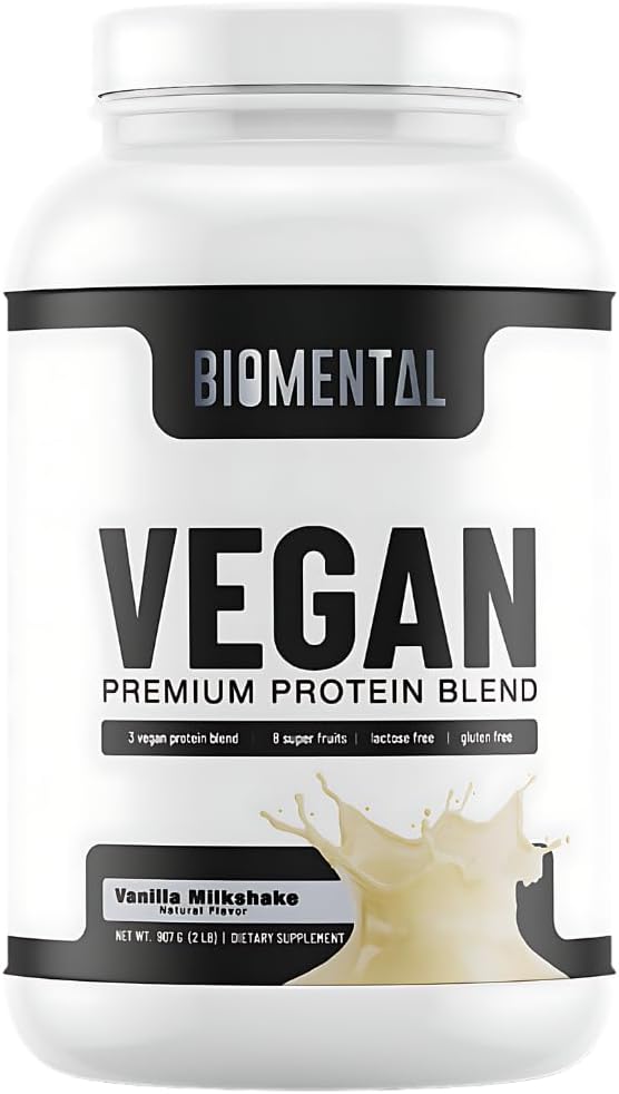 Vanilla Biomental Vegan Protein Powder - Gluten-Free & Non-GMO - Plant-Based for Weight Loss & Muscle Growth - Enhanced Absorption - 2 lbs - Men & Women