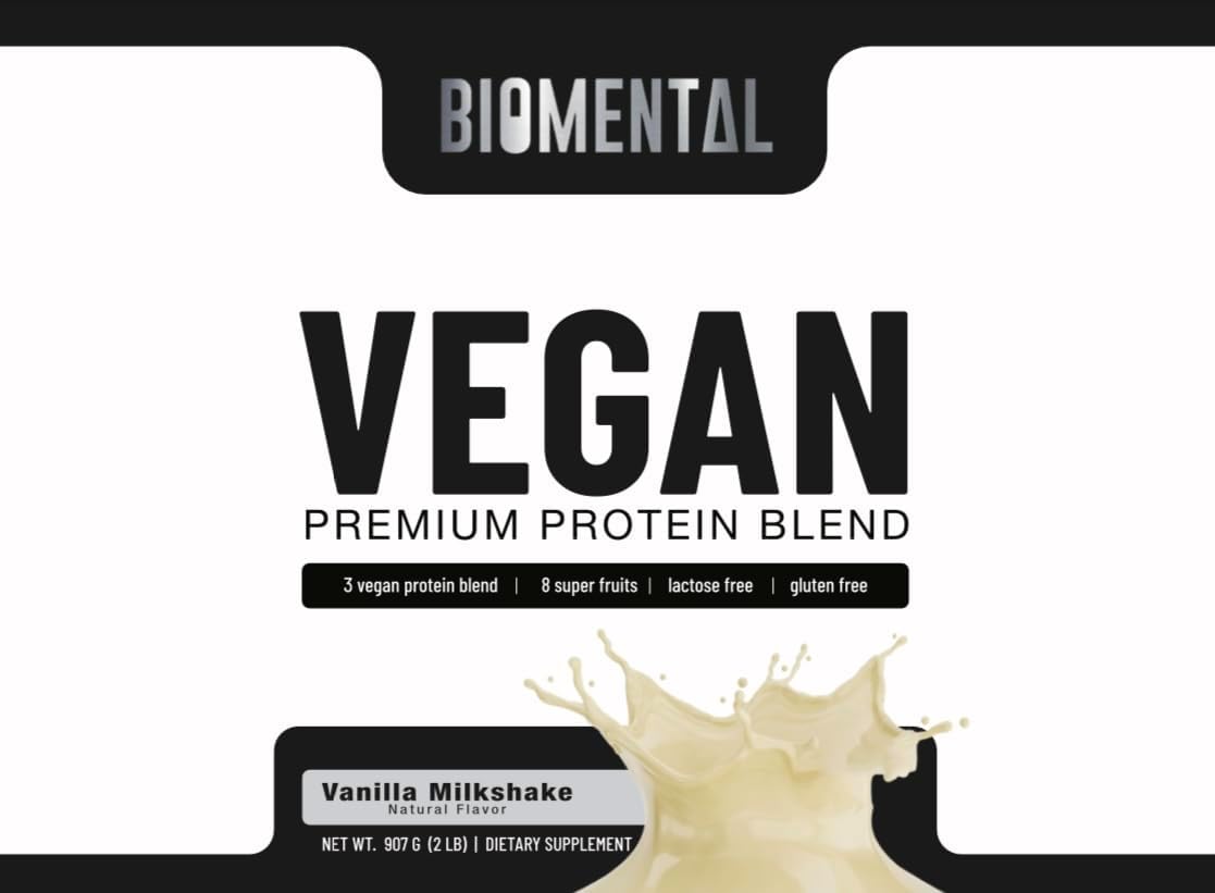Vanilla Biomental Vegan Protein Powder - Gluten-Free & Non-GMO - Plant-Based for Weight Loss & Muscle Growth - Enhanced Absorption - 2 lbs - Men & Women