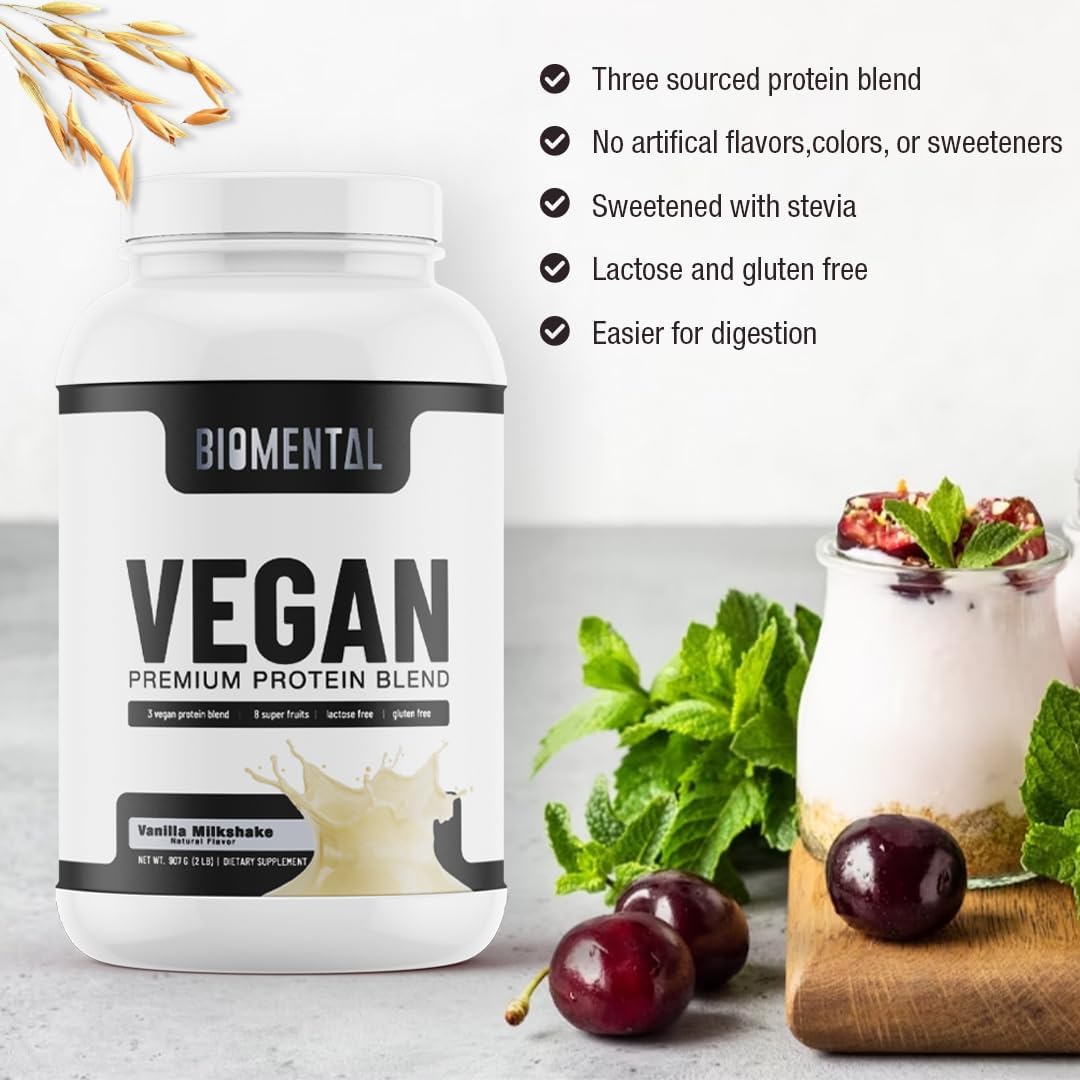 Vanilla Biomental Vegan Protein Powder - Gluten-Free & Non-GMO - Plant-Based for Weight Loss & Muscle Growth - Enhanced Absorption - 2 lbs - Men & Women