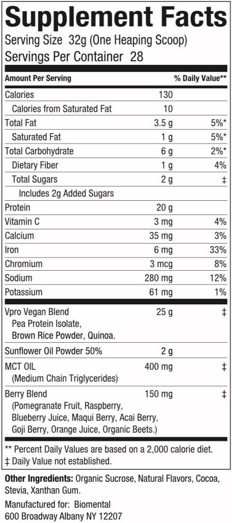 Vanilla Biomental Vegan Protein Powder - Gluten-Free & Non-GMO - Plant-Based for Weight Loss & Muscle Growth - Enhanced Absorption - 2 lbs - Men & Women