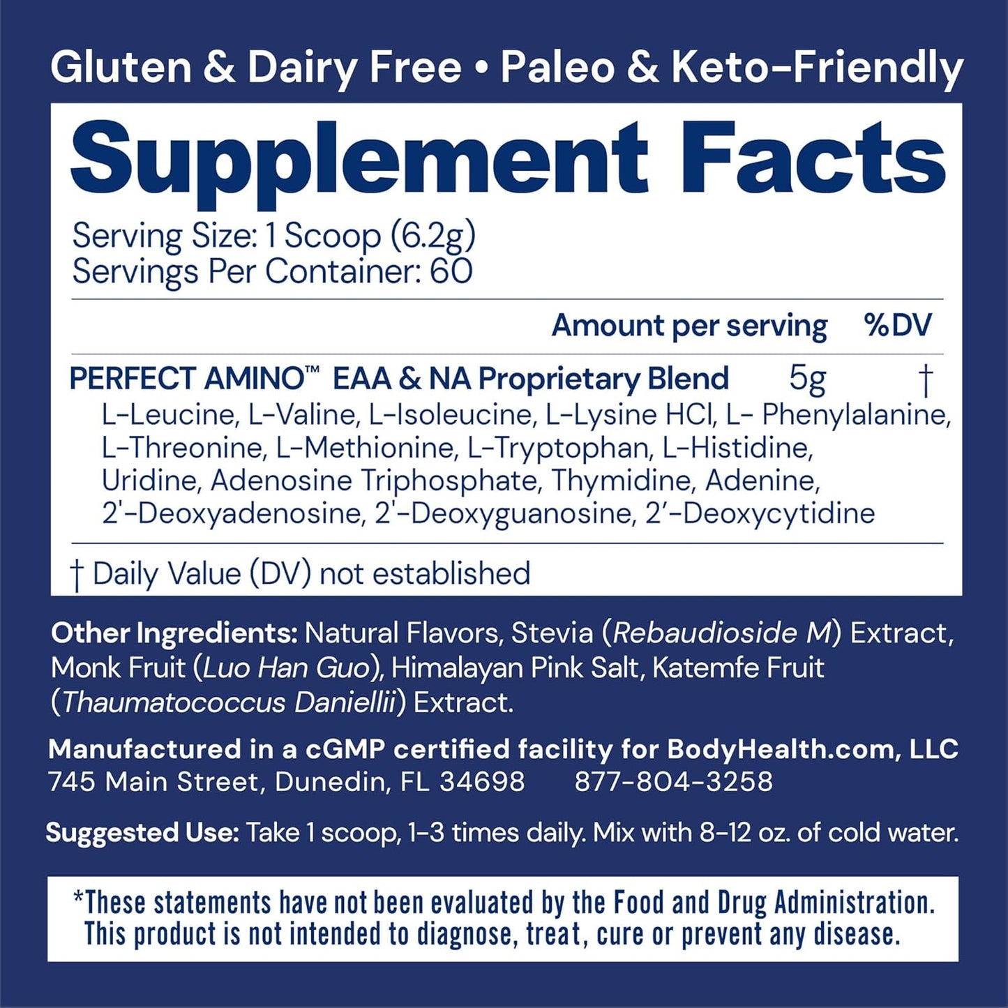 Vanilla BodyHealth PerfectAmino Powder: BCAA & EAA Energy Drink for Lean Muscle & Recovery - 60 Servings