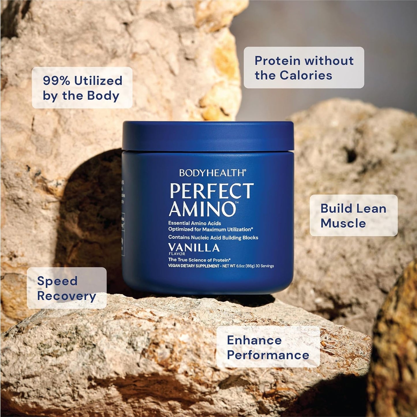 Vanilla BodyHealth PerfectAmino Powder: BCAA & EAA Energy Drink for Lean Muscle & Recovery - 60 Servings