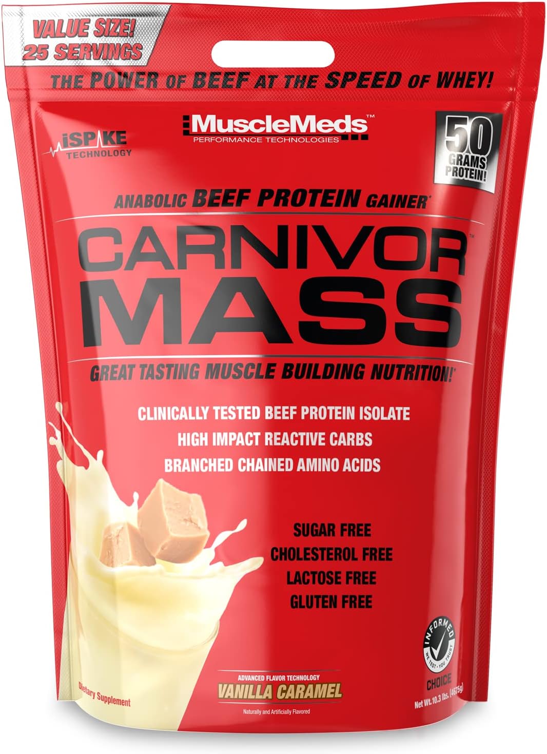 Vanilla Caramel MuscleMeds Carnivor Mass Beef Protein Gainer - 10 Pounds