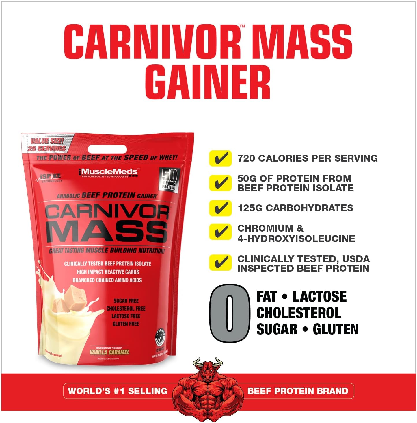 Vanilla Caramel MuscleMeds Carnivor Mass Beef Protein Gainer - 10 Pounds