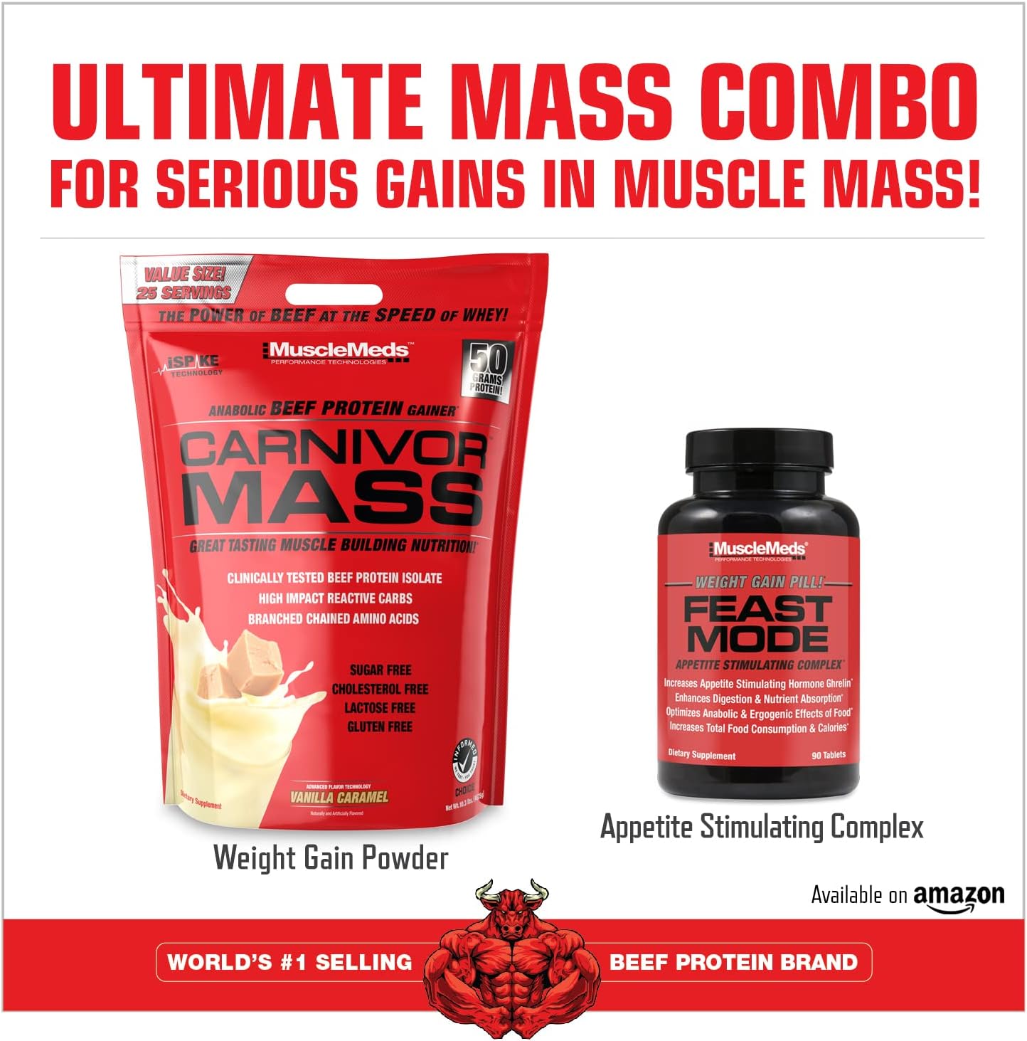 Vanilla Caramel MuscleMeds Carnivor Mass Beef Protein Gainer - 10 Pounds