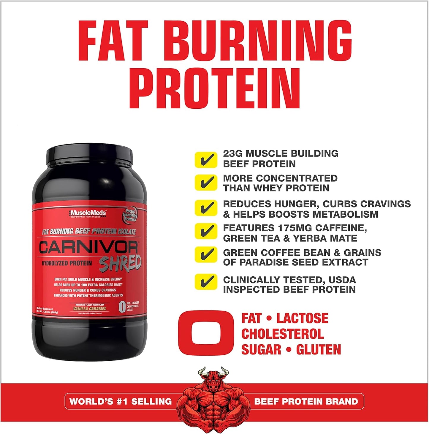Vanilla Caramel MuscleMeds Carnivor Shred: Fat Burning Hydrolized Beef Protein Isolate - 2lb, 28 Servings