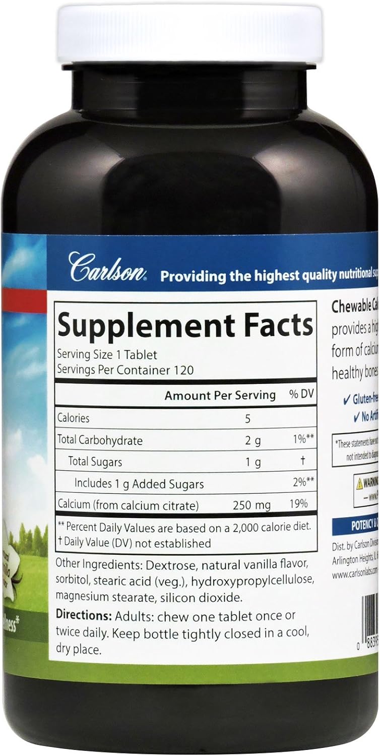 Vanilla Carlson Chewable Calcium Citrate Tablets - 250 mg, 120 Count