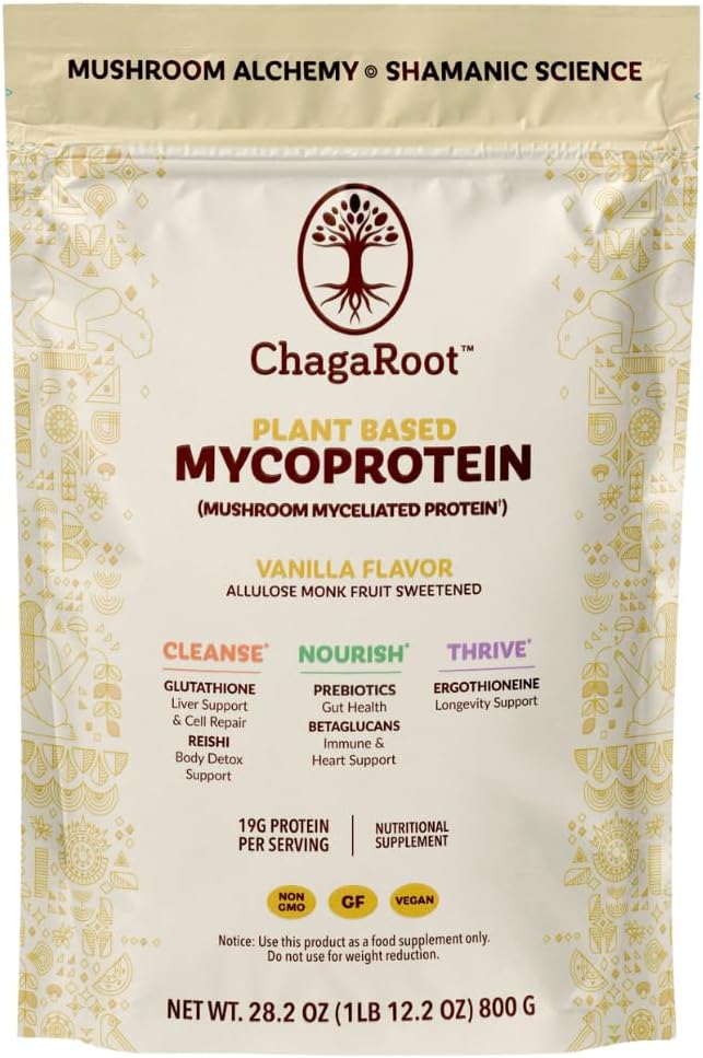 Vanilla ChagaRoot Mycoprotein Mushroom Protein Powder - Vegan Plant Based Superfood Blend with Chaga, Reishi, Turkey Tail, Shiitake, Lions Mane - 1.76 lb