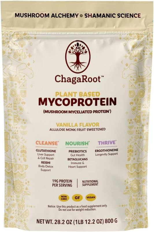 Vanilla ChagaRoot Mycoprotein Mushroom Protein Powder - Vegan Plant Based Superfood Blend with Chaga, Reishi, Turkey Tail, Shiitake, Lions Mane - 1.76 lb