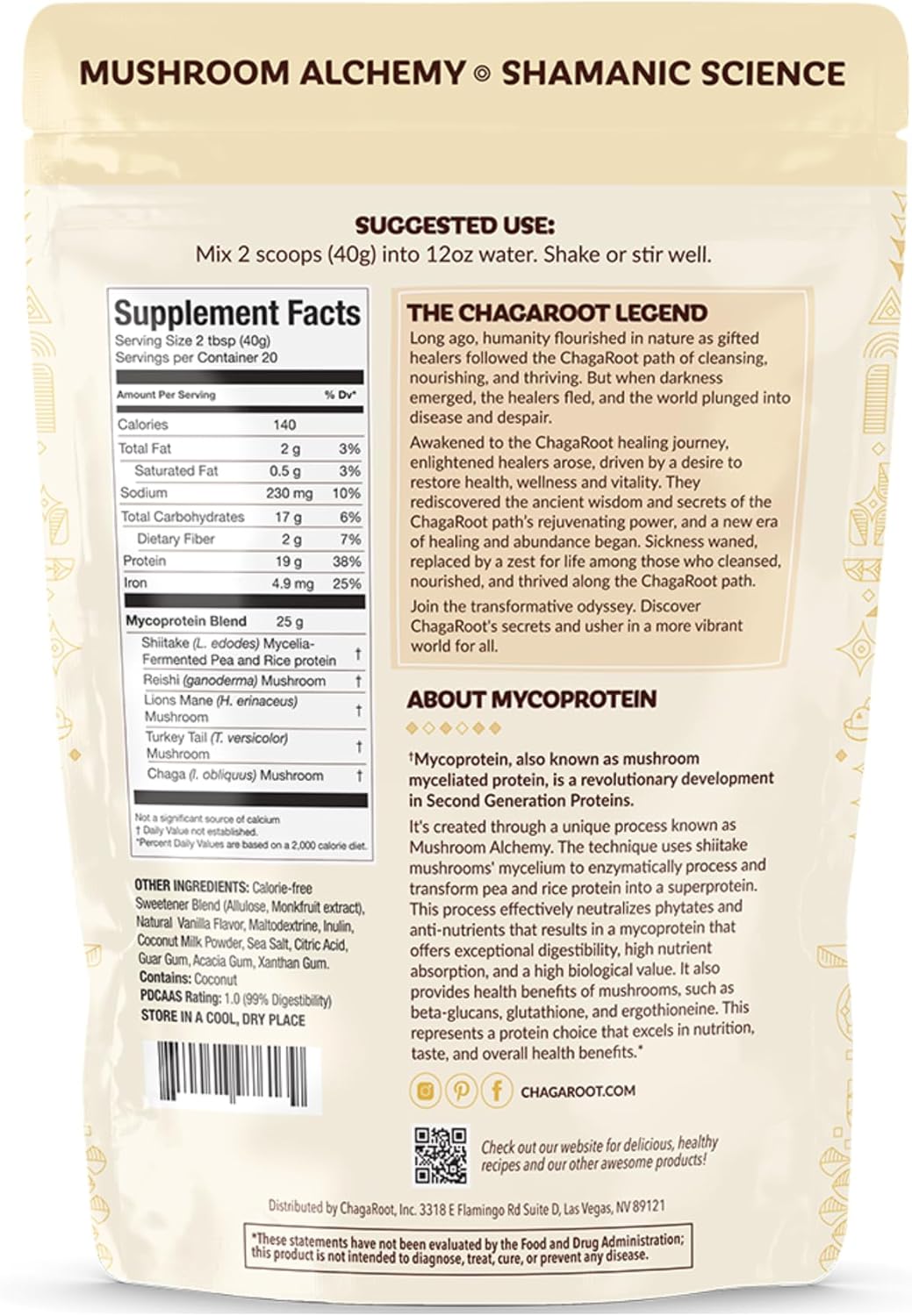 Vanilla ChagaRoot Mycoprotein Mushroom Protein Powder - Vegan Plant Based Superfood Blend with Chaga, Reishi, Turkey Tail, Shiitake, Lions Mane - 1.76 lb